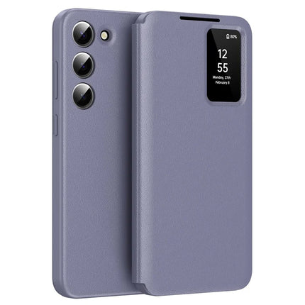 For Samsung Galaxy S22 5G Case Leather Phone Cover with View Window Card Slot - Grey Purple