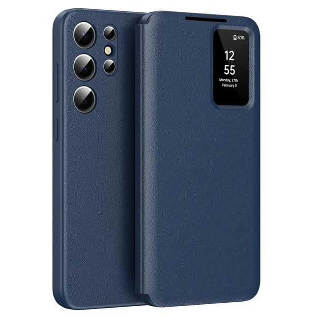 For Samsung Galaxy S22 Ultra 5G Case Leather Phone Cover with View Window Card Slot - Sapphire