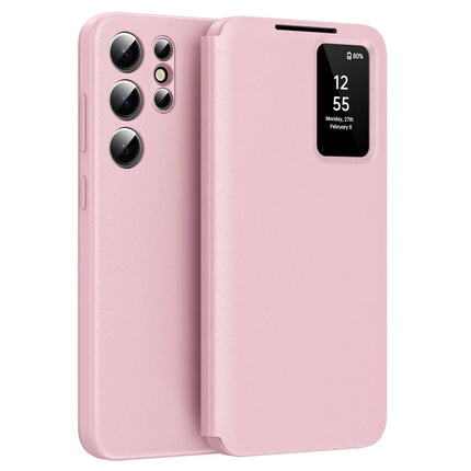 For Samsung Galaxy S22 Ultra 5G Smart View Flip Case Card Holder Wallet Cover - Pink