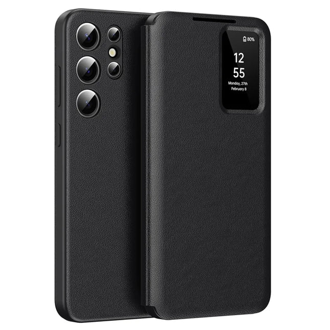 For Samsung Galaxy S22 Ultra 5G Smart View Flip Case Card Holder Wallet Cover - Black