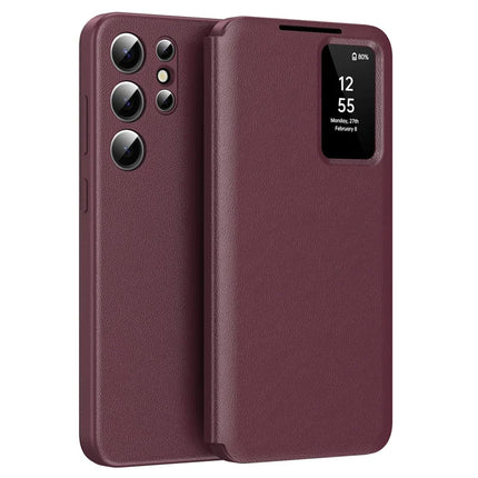 For Samsung Galaxy S22 Ultra 5G Smart View Flip Case Card Holder Wallet Cover - Wine Red