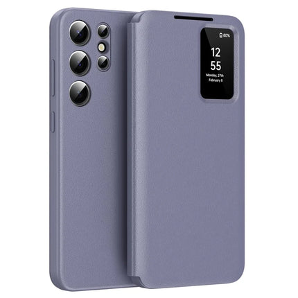 For Samsung Galaxy S22 Ultra 5G Smart View Flip Case Card Holder Wallet Cover - Grey Purple
