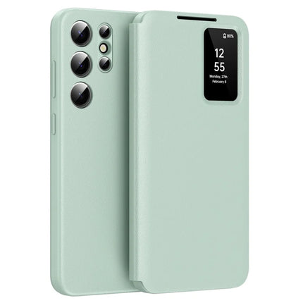 For Samsung Galaxy S22 Ultra 5G Smart View Flip Case Card Holder Wallet Cover - Light Green