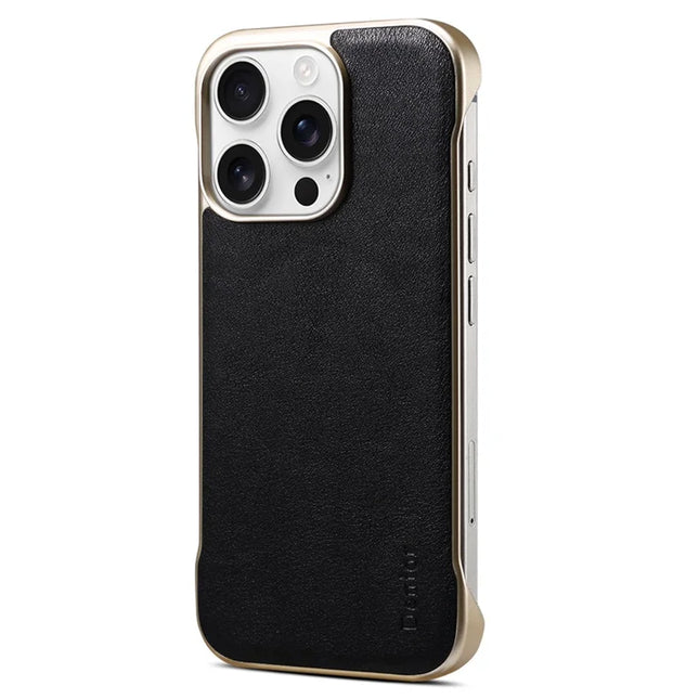 For iPhone 16 Pro Max Case Compatible with MagSafe Genuine Cow Leather + PC Phone Cover - Black