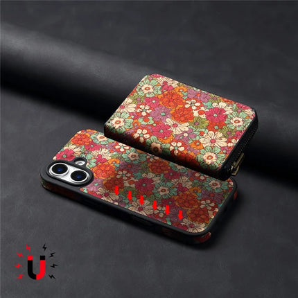 For iPhone 16 Magnetic Case with Detachable Zipper Card Bag Flower Leather Back Cover