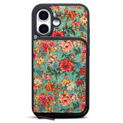 For iPhone 16 Magnetic Case with Detachable Zipper Card Bag Flower Leather Back Cover