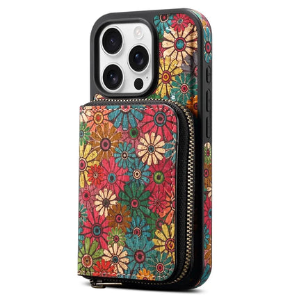 For iPhone 16 Pro Magnetic Case with Detachable Zipper Card Bag Flower Leather Back Cover