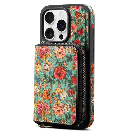 For iPhone 16 Pro Magnetic Case with Detachable Zipper Card Bag Flower Leather Back Cover