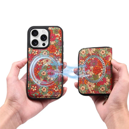 For iPhone 16 Pro Magnetic Case with Detachable Zipper Card Bag Flower Leather Back Cover