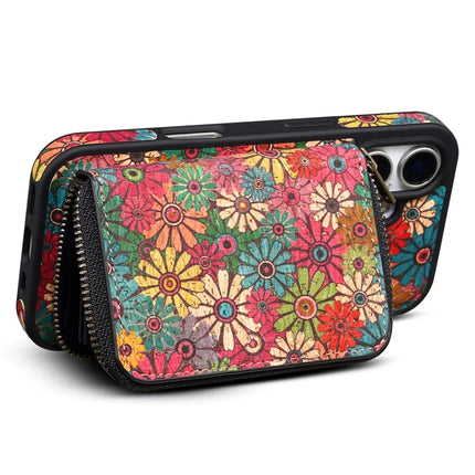 For iPhone 16 Plus Magnetic Case with Detachable Zipper Card Bag Flower Leather Back Cover