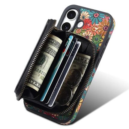 For iPhone 16 Plus Magnetic Case with Detachable Zipper Card Bag Flower Leather Back Cover