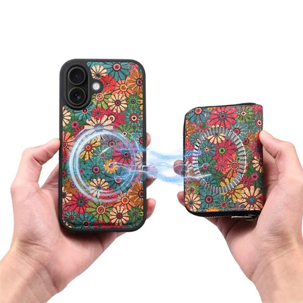 For iPhone 16 Plus Magnetic Case with Detachable Zipper Card Bag Flower Leather Back Cover