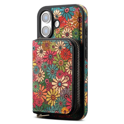 For iPhone 16 Plus Magnetic Case with Detachable Zipper Card Bag Flower Leather Back Cover