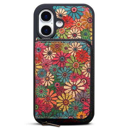 For iPhone 16 Plus Magnetic Case with Detachable Zipper Card Bag Flower Leather Back Cover