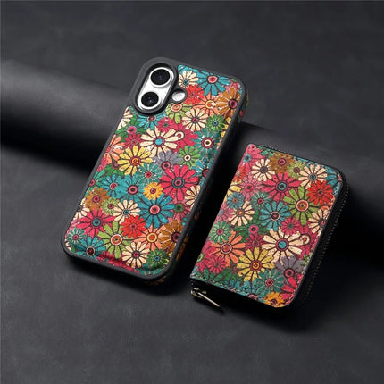 For iPhone 16 Plus Magnetic Case with Detachable Zipper Card Bag Flower Leather Back Cover
