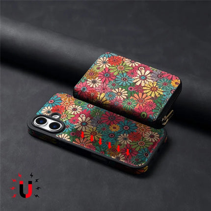 For iPhone 16 Plus Magnetic Case with Detachable Zipper Card Bag Flower Leather Back Cover