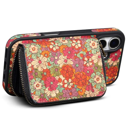 For iPhone 16 Plus Magnetic Case with Detachable Zipper Card Bag Flower Leather Back Cover