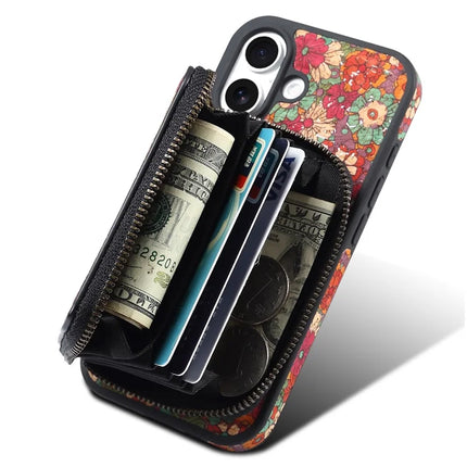 For iPhone 16 Plus Magnetic Case with Detachable Zipper Card Bag Flower Leather Back Cover