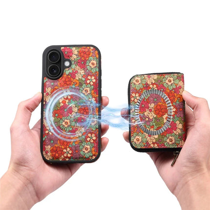 For iPhone 16 Plus Magnetic Case with Detachable Zipper Card Bag Flower Leather Back Cover