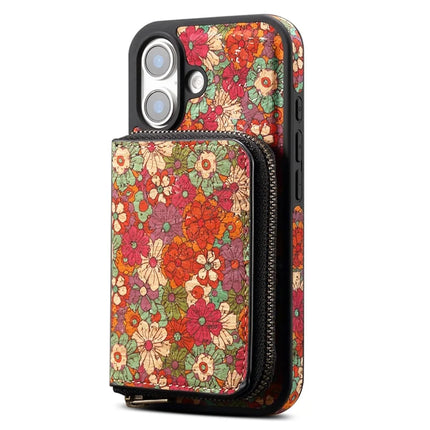 For iPhone 16 Plus Magnetic Case with Detachable Zipper Card Bag Flower Leather Back Cover