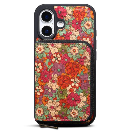 For iPhone 16 Plus Magnetic Case with Detachable Zipper Card Bag Flower Leather Back Cover