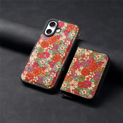For iPhone 16 Plus Magnetic Case with Detachable Zipper Card Bag Flower Leather Back Cover