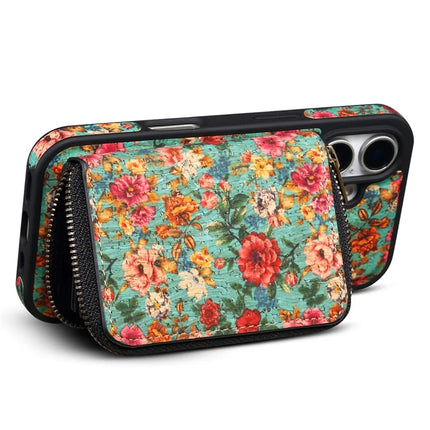 For iPhone 16 Plus Magnetic Case with Detachable Zipper Card Bag Flower Leather Back Cover