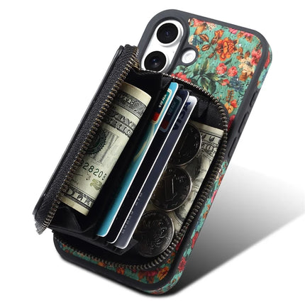 For iPhone 16 Plus Magnetic Case with Detachable Zipper Card Bag Flower Leather Back Cover