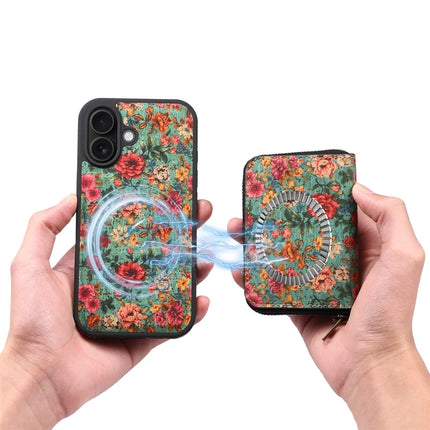 For iPhone 16 Plus Magnetic Case with Detachable Zipper Card Bag Flower Leather Back Cover