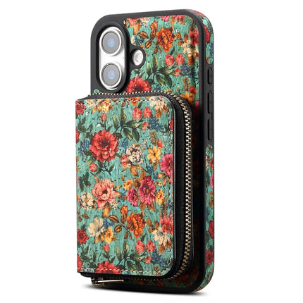 For iPhone 16 Plus Magnetic Case with Detachable Zipper Card Bag Flower Leather Back Cover