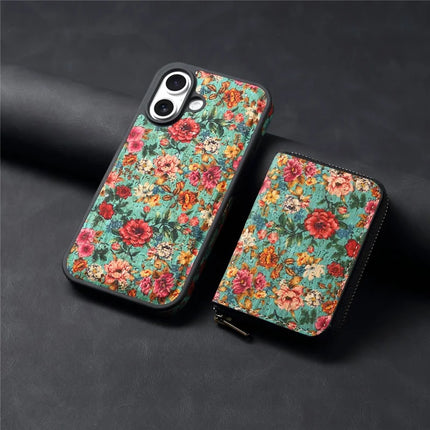 For iPhone 16 Plus Magnetic Case with Detachable Zipper Card Bag Flower Leather Back Cover