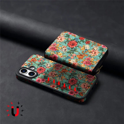 For iPhone 16 Plus Magnetic Case with Detachable Zipper Card Bag Flower Leather Back Cover