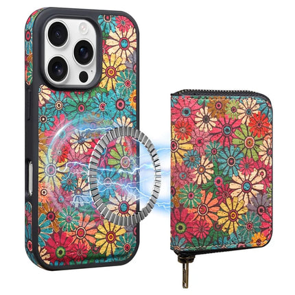 For iPhone 16 Pro Max Magnetic Case with Detachable Zipper Card Bag Flower Leather Back Cover - Green
