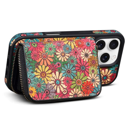 For iPhone 16 Pro Max Magnetic Case with Detachable Zipper Card Bag Flower Leather Back Cover
