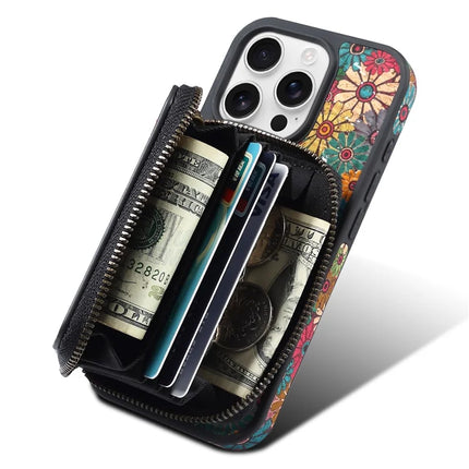 For iPhone 16 Pro Max Magnetic Case with Detachable Zipper Card Bag Flower Leather Back Cover