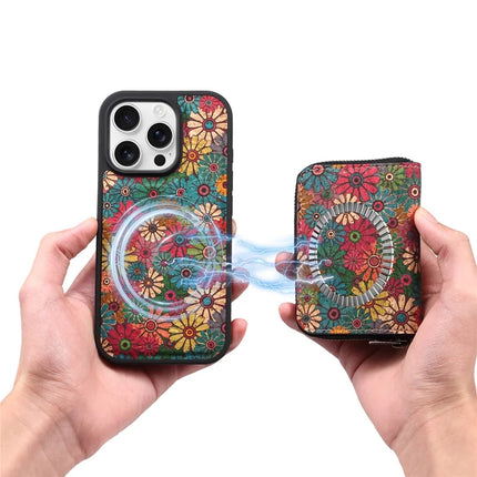 For iPhone 16 Pro Max Magnetic Case with Detachable Zipper Card Bag Flower Leather Back Cover