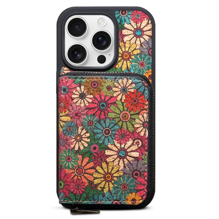For iPhone 16 Pro Max Magnetic Case with Detachable Zipper Card Bag Flower Leather Back Cover