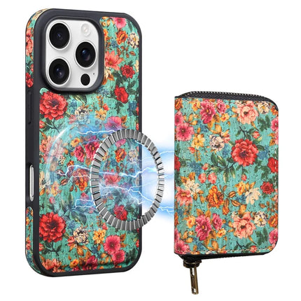 For iPhone 16 Pro Max Magnetic Case with Detachable Zipper Card Bag Flower Leather Back Cover - Blue