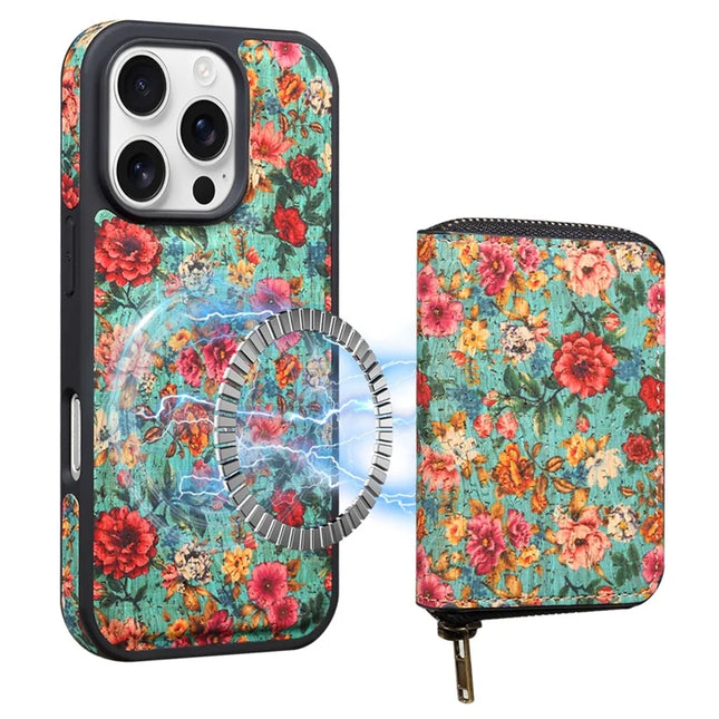 For iPhone 16 Pro Max Magnetic Case with Detachable Zipper Card Bag Flower Leather Back Cover - Blue
