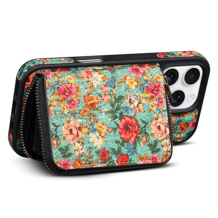 For iPhone 16 Pro Max Magnetic Case with Detachable Zipper Card Bag Flower Leather Back Cover