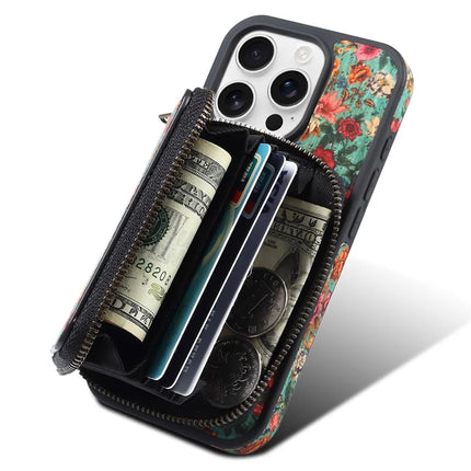 For iPhone 16 Pro Max Magnetic Case with Detachable Zipper Card Bag Flower Leather Back Cover