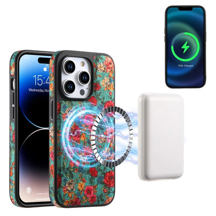 For iPhone 16 Pro Max Magnetic Case with Detachable Zipper Card Bag Flower Leather Back Cover