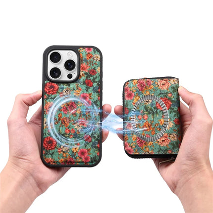 For iPhone 16 Pro Max Magnetic Case with Detachable Zipper Card Bag Flower Leather Back Cover