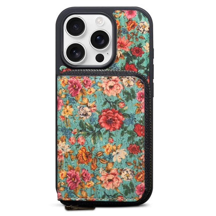 For iPhone 16 Pro Max Magnetic Case with Detachable Zipper Card Bag Flower Leather Back Cover