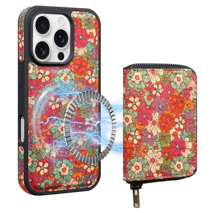 For iPhone 16 Pro Max Magnetic Case with Detachable Zipper Card Bag Flower Leather Back Cover - Red