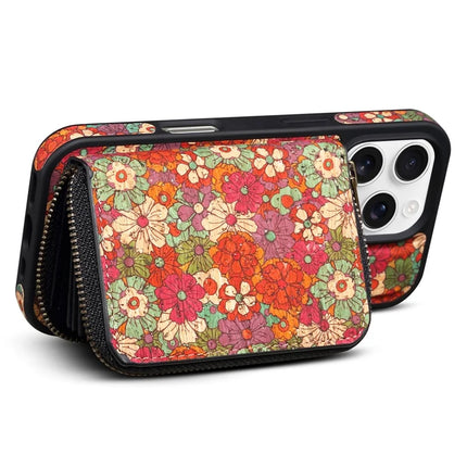 For iPhone 16 Pro Max Magnetic Case with Detachable Zipper Card Bag Flower Leather Back Cover