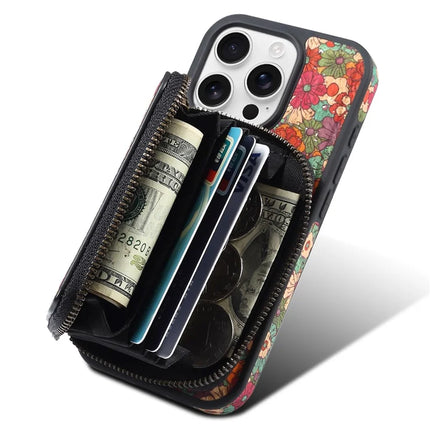 For iPhone 16 Pro Max Magnetic Case with Detachable Zipper Card Bag Flower Leather Back Cover