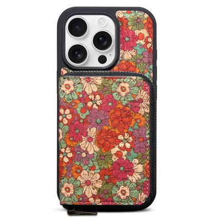 For iPhone 16 Pro Max Magnetic Case with Detachable Zipper Card Bag Flower Leather Back Cover