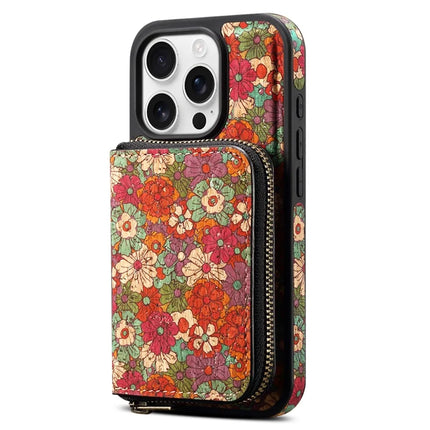 For iPhone 16 Pro Max Magnetic Case with Detachable Zipper Card Bag Flower Leather Back Cover