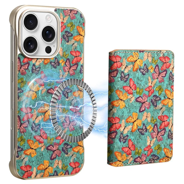 For iPhone 16 Pro Magnetic Case Compatible with MagSafe Pattern Print PU + PC Phone Cover with Card Holder - Butterfly Blue